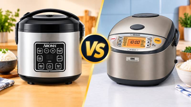 Aroma Rice Cooker vs Zojirushi: Compare the design, digital controls, cooking features, and overall functionality of both rice cookers.