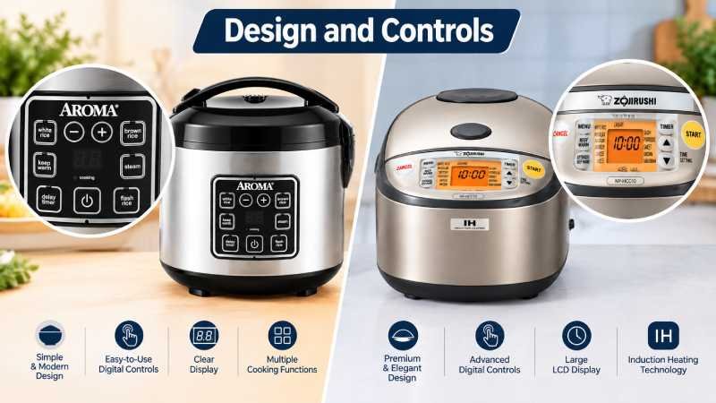 Aroma Rice Cooker vs Zojirushi: Compare the design, digital controls, cooking features, and overall functionality of both rice cookers.