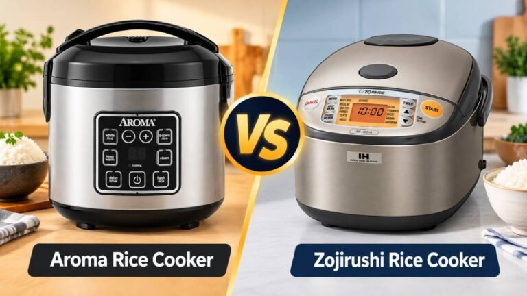 Aroma Rice Cooker vs Zojirushi rice cooker comparison showing both models side by side for design, controls, and features.