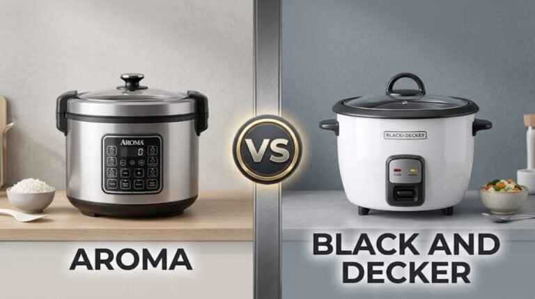 Side-by-side comparison of cooking performance for the Aroma vs Black and Decker rice cooker, showing both appliances open with freshly cooked, steaming white rice.