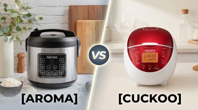 Side-by-side comparison of Aroma Vs Cuckoo Rice Cooker models displayed on a kitchen countertop for an expert appliance review.