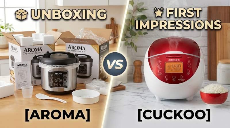 Side-by-side comparison of Aroma Vs Cuckoo Rice Cooker models displayed on a kitchen countertop for an expert appliance review.