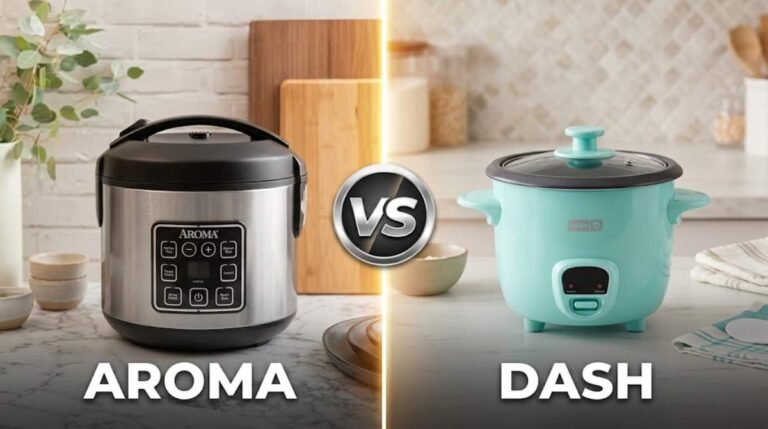 Aroma Vs Dash Rice Cooker. Side-by-side product comparison of the stainless steel Aroma rice cooker versus the mint green Dash mini rice cooker on a modern kitchen counter.