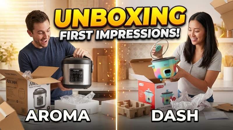 Aroma Vs Dash Rice Cooker. Side-by-side product comparison of the stainless steel Aroma rice cooker versus the mint green Dash mini rice cooker on a modern kitchen counter.