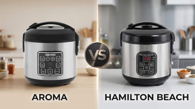 Side-by-side product comparison of the Aroma Vs Hamilton Beach Rice Cooker showing both stainless steel appliances on a kitchen counter.