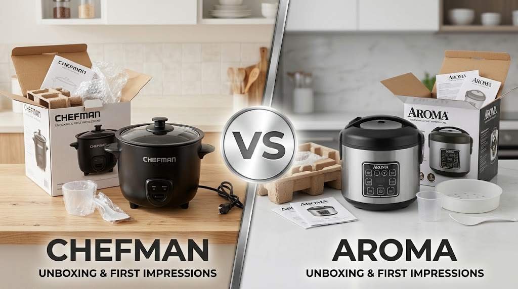 Chefman Vs Aroma Rice Cooker. Split-screen image displaying the Chefman and Aroma rice cookers unboxed with their original retail boxes, measuring cups, spatulas, and user manuals laid out on kitchen counters.