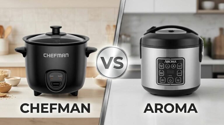 Chefman Vs Aroma Rice Cooker. Split-screen comparison graphic showing a black Chefman rice cooker on the left and a stainless steel Aroma rice cooker on the right with a metallic VS badge in the center.
