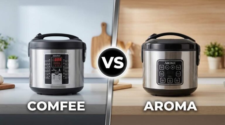 Comfee Vs Aroma Rice Cooker side-by-side product comparison on a modern kitchen countertop.
