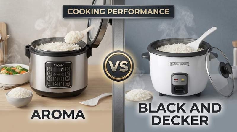 Side-by-side comparison of cooking performance for the Aroma vs Black and Decker rice cooker, showing both appliances open with freshly cooked, steaming white rice.