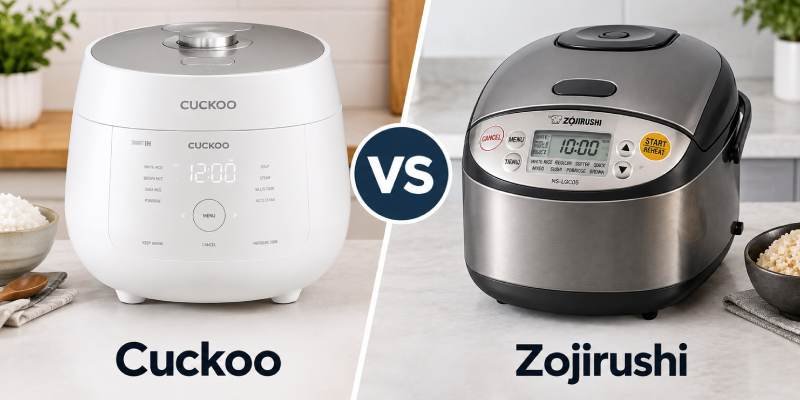 Cuckoo Vs Zojirushi Rice Cooker comparison showing a white Cuckoo rice cooker and a stainless steel Zojirushi rice cooker side by side.