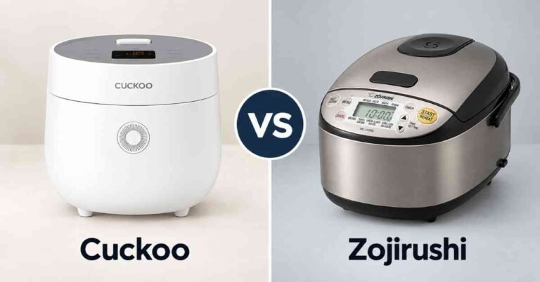 Cuckoo Vs Zojirushi Rice Cooker comparison showing a white Cuckoo rice cooker and a stainless steel Zojirushi rice cooker side by side.