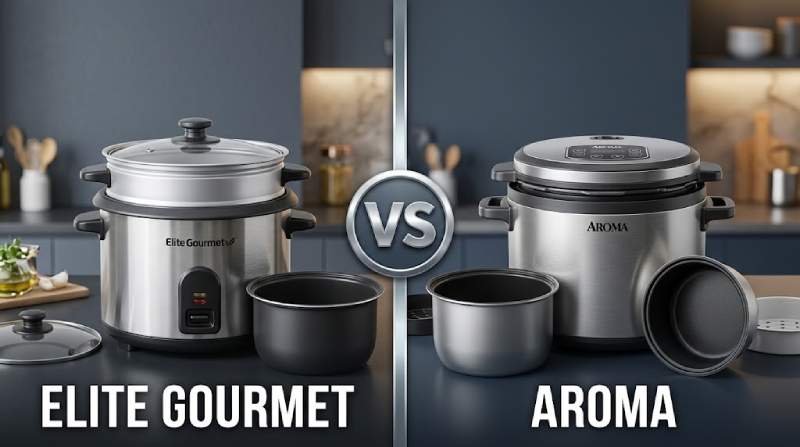 Side-by-side view showing the inner pots, steaming baskets, and exterior stainless steel finish of Elite Gourmet and Aroma rice cookers.