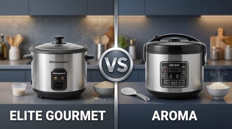 Alt Text: Split-screen comparison between an Elite Gourmet glass-lid rice cooker on the left and an Aroma digital stainless steel rice cooker on the right with a central VS badge.