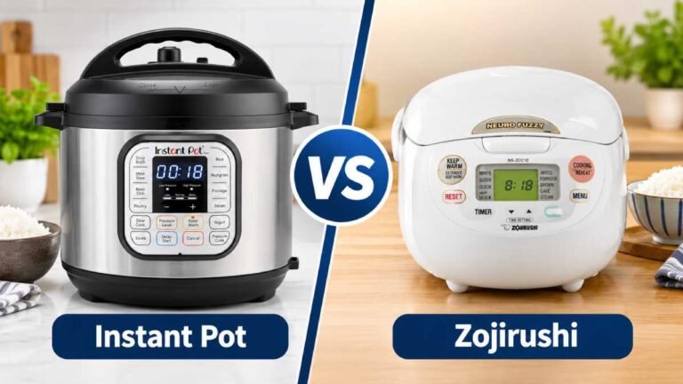 Instant Pot vs Zojirushi Rice Cooker comparison showing both appliances side by side for cooking and rice preparation.