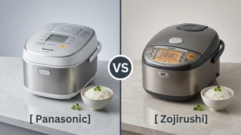 Side-by-side product comparison showing a Panasonic rice cooker on the left and a Zojirushi rice cooker on the right, separated by a central "VS" badge.