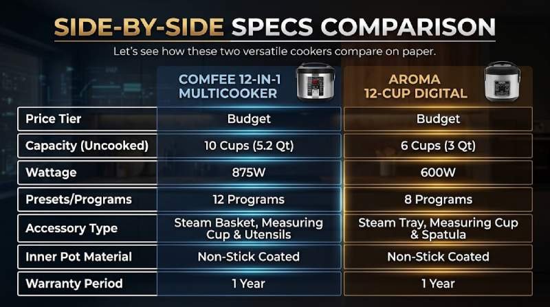 Comfee Vs Aroma Rice Cooker side-by-side specification and feature comparison table chart