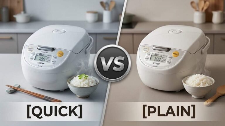 Text: Split-screen comparison of Tiger Micom Rice Cookers JBV-S10U in a kitchen, highlighting the [Quick] cooking mode with steamed white rice and chopsticks on the left, versus the [Plain] cooking mode with a bowl of plain rice and a rice paddle on the right, separated by a central "VS" badge.