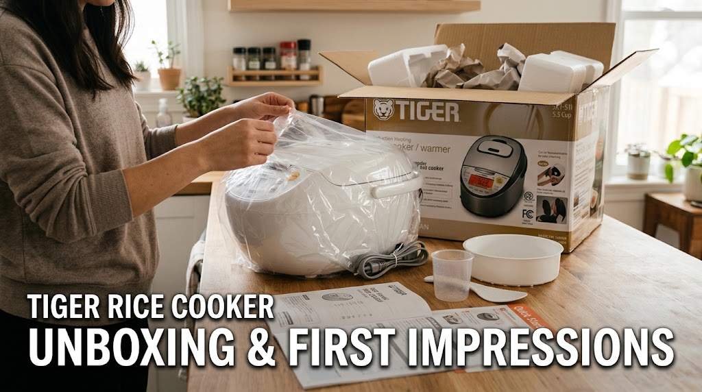 Tiger Rice Cooker Quick Vs Plain. Unboxing a new white Tiger Rice Cooker on a wooden kitchen countertop, showing a person lifting protective plastic from the appliance next to its open cardboard brand packaging, user manuals, and accessories like a measuring cup, steamer, and paddle.