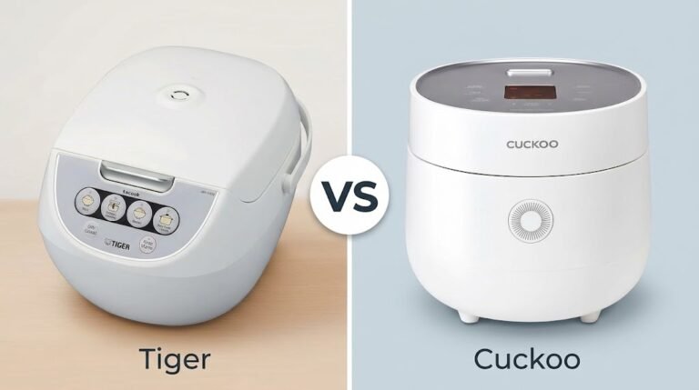 The Ultimate Tiger Vs Cuckoo Rice Cooker Comparison: Side-by-side product comparison of a white Tiger rice cooker and a white Cuckoo rice cooker with a central VS badge.