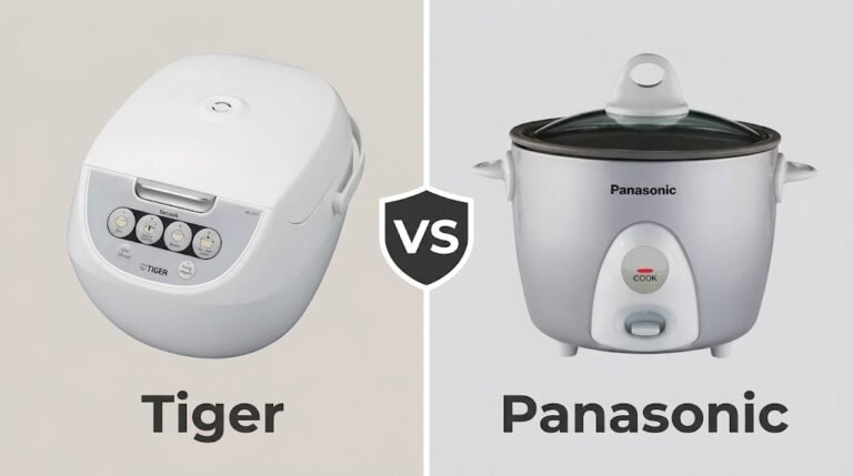 Side-by-side comparison of a Tiger Vs Panasonic Rice Cooker on a clean, neutral background, separated by a central shield badge.