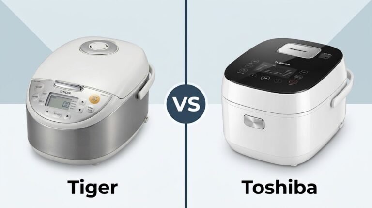 Side-by-side visual comparison of a Tiger Vs Toshiba rice cooker, both with open lids displaying freshly cooked, steaming white rice on a kitchen countertop.
