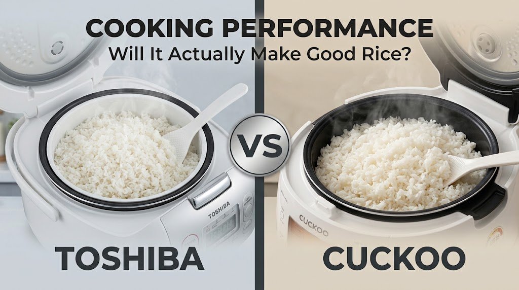 A side-by-side visual comparison of the Toshiba rice cooker (left) and the Cuckoo rice cooker (right) with their lids open, showcasing freshly cooked, fluffy, steaming white rice inside their pots. At the top, the heading reads "COOKING PERFORMANCE — Will It Actually Make Good Rice?" with a circular metal "VS" badge dividing the two brands on a neutral split-tone background.
