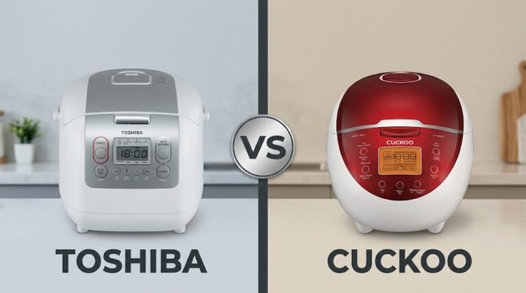 A side-by-side visual comparison of the Toshiba rice cooker (left) and the Cuckoo rice cooker (right) with their lids open, showcasing freshly cooked, fluffy, steaming white rice inside their pots. At the top, the heading reads "COOKING PERFORMANCE — Will It Actually Make Good Rice?" with a circular metal "VS" badge dividing the two brands on a neutral split-tone background.