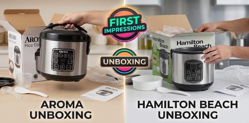 Unboxing and first impressions of the Aroma Vs Hamilton Beach Rice Cooker models, displaying the open packaging, manuals, and accessories on a table.   