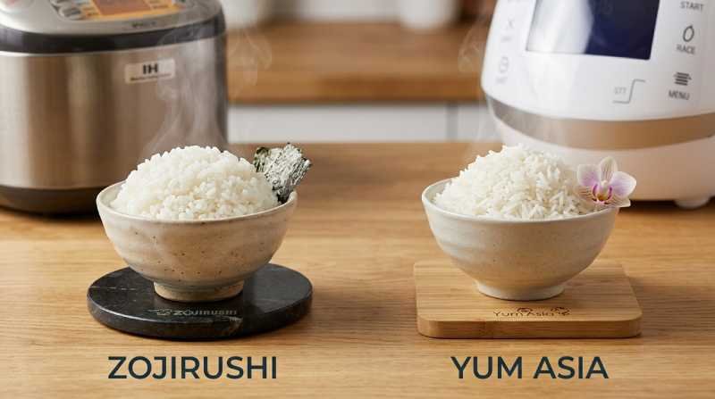 A professional side-by-side product photograph on a warm wooden kitchen counter, comparing a stainless-steel Zojirushi Induction Heating rice cooker (left) and a modern white Yum Asia fuzzy logic rice cooker (right). In front of each is a steaming bowl of fluffy white rice. The Zojirushi setup includes a dark slate coaster, a black rice paddle, and a piece of nori seaweed. The Yum Asia setup includes a light bamboo coaster and a small purple orchid. Brand names 'ZOJIRUSHI' and 'YUM ASIA' are printed below their respective cookers.