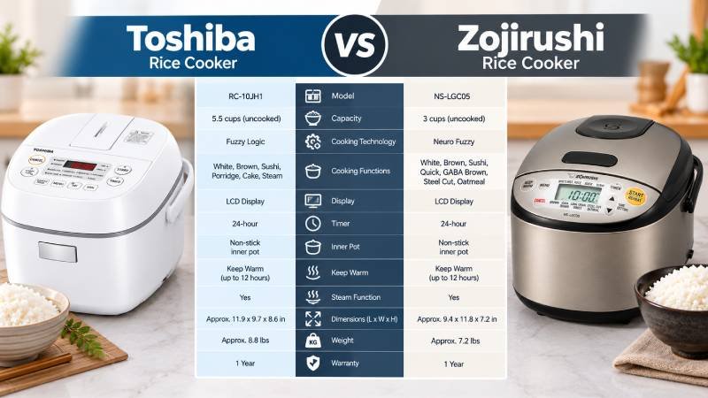 Toshiba vs Zojirushi rice cooker comparison showing both rice cookers side by side